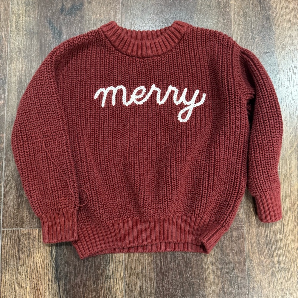Merry Christmas Deep Red Berry Burgundy Crew Neck Sweater SZ 3T